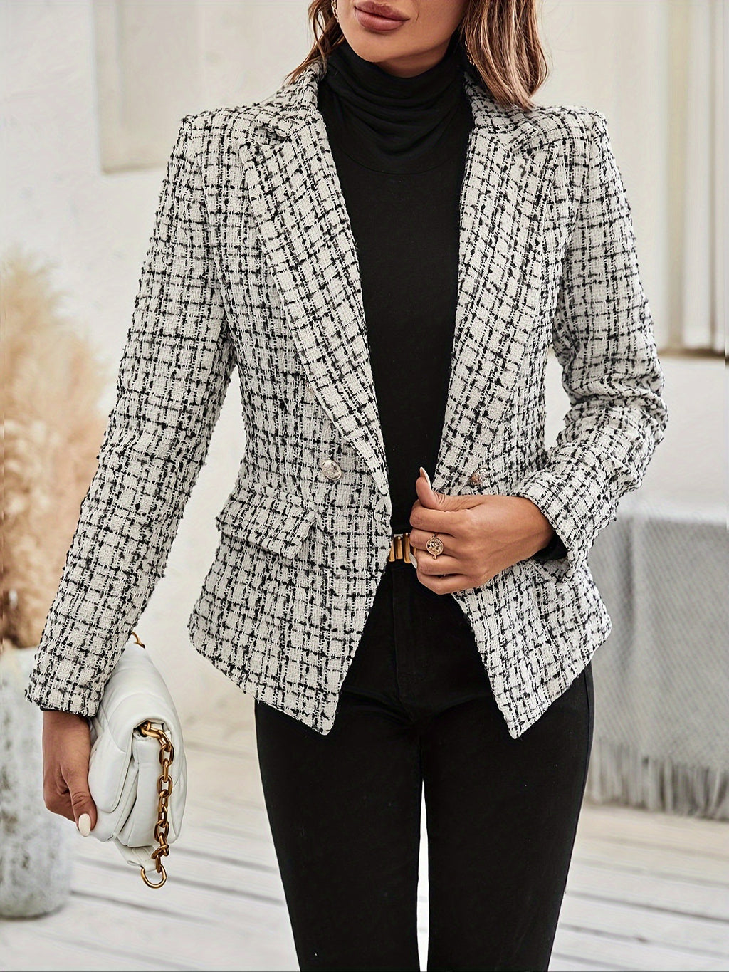 Plaid Pattern Blazer Elegant Plaid Double Button Blazer