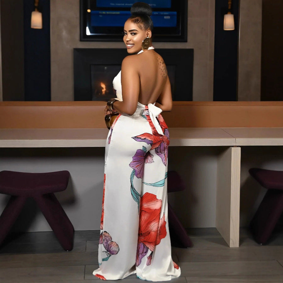 Style Commuter Strapless Backless Printed Sleeveless White Top and Wide-Leg Pants 2-Piece Set