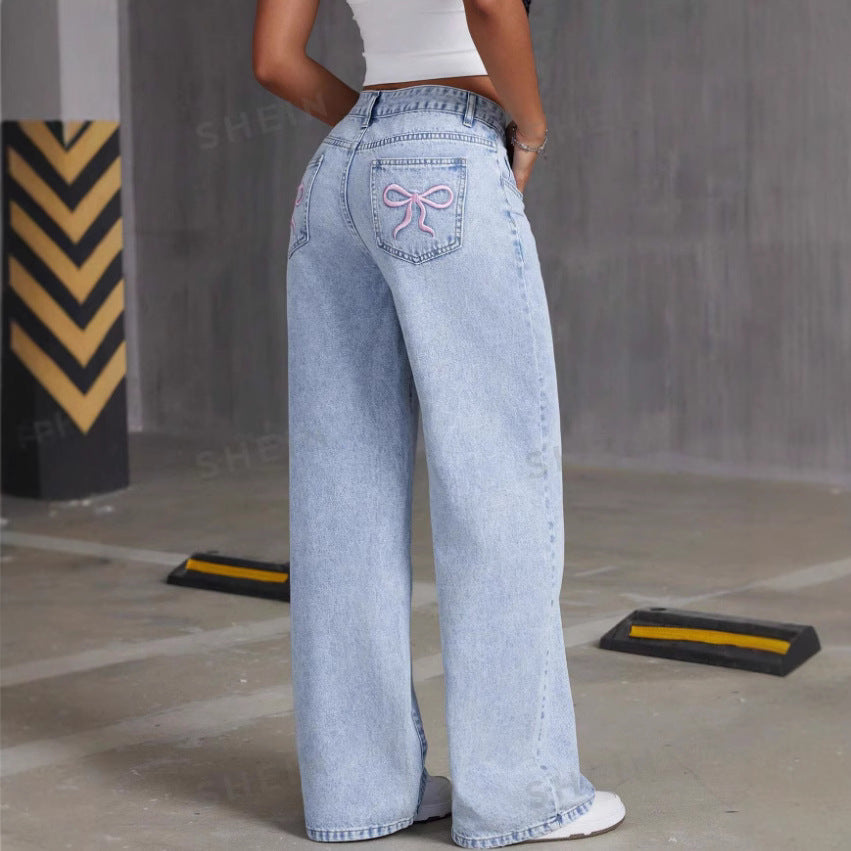 Cute and Sexy Bow Embroidery Denim Pants Women High Waist Straight Leg Loose Long Pants