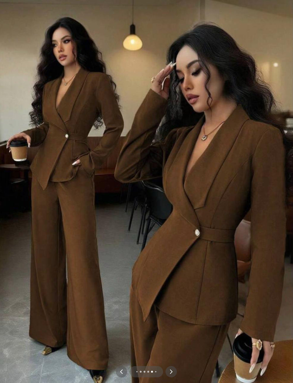 Chic Fashion Long Sleeve Suit Jacket and Straight Pants Two-Piece Set for Women