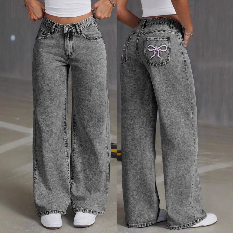 Cute and Sexy Bow Embroidery Denim Pants Women High Waist Straight Leg Loose Long Pants