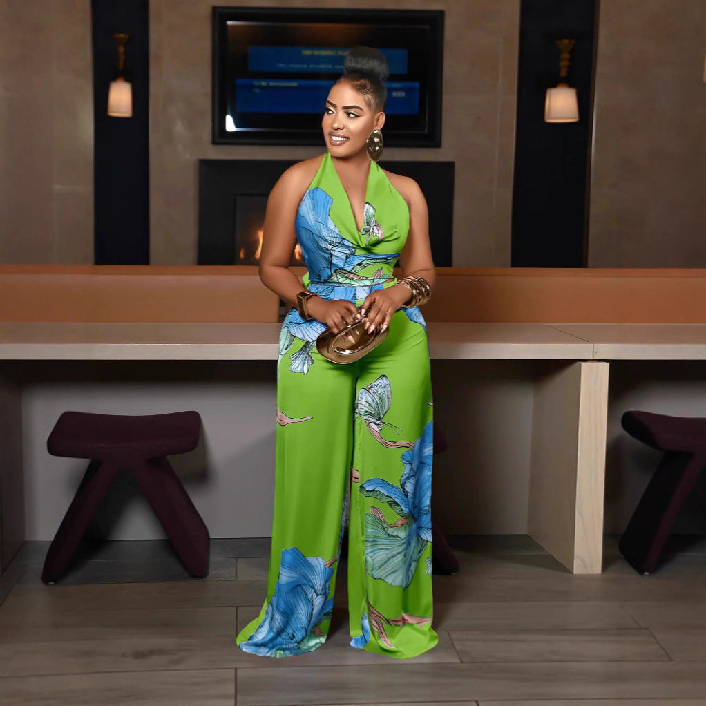 Style Commuter Strapless Backless Printed Sleeveless White Top and Wide-Leg Pants 2-Piece Set