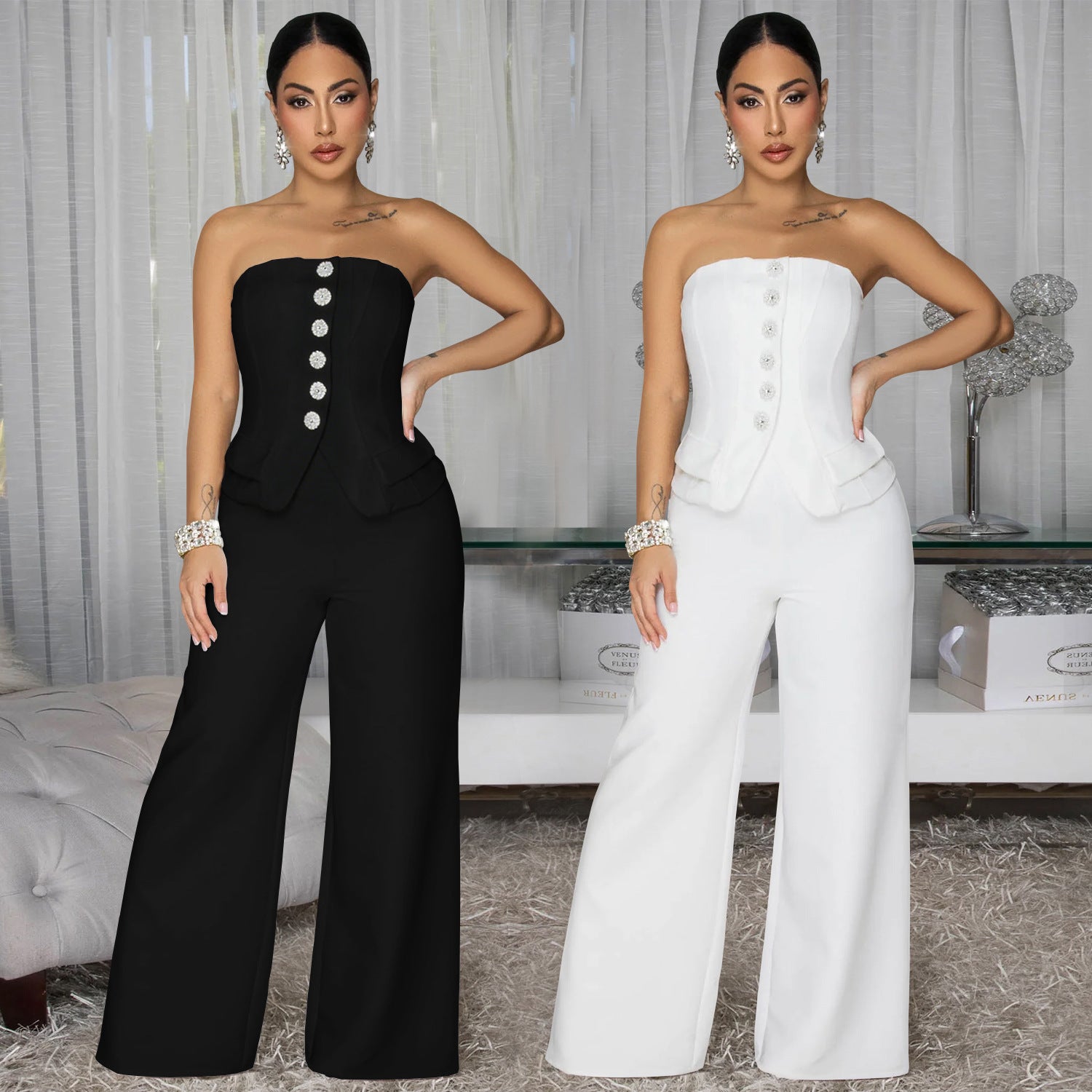 Fashion Women's Sexy Strapless Backless Casual Wide-Leg Jumpsuit