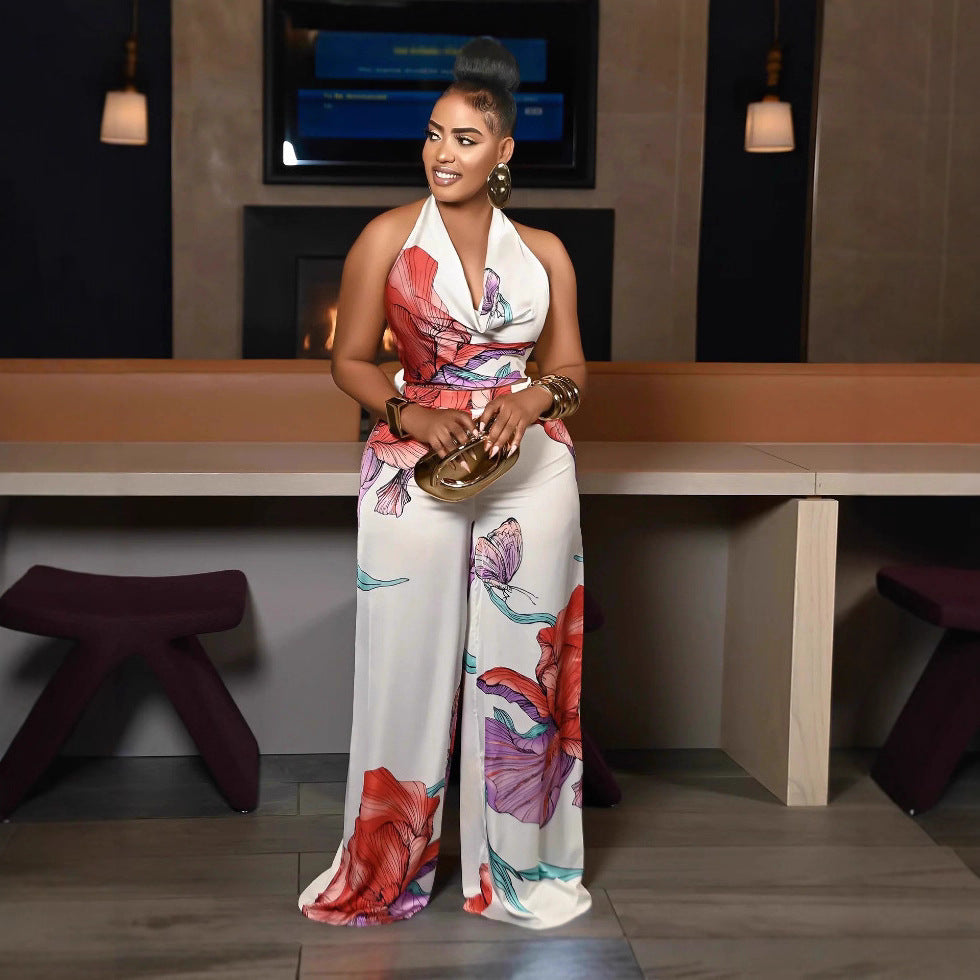 Style Commuter Strapless Backless Printed Sleeveless White Top and Wide-Leg Pants 2-Piece Set