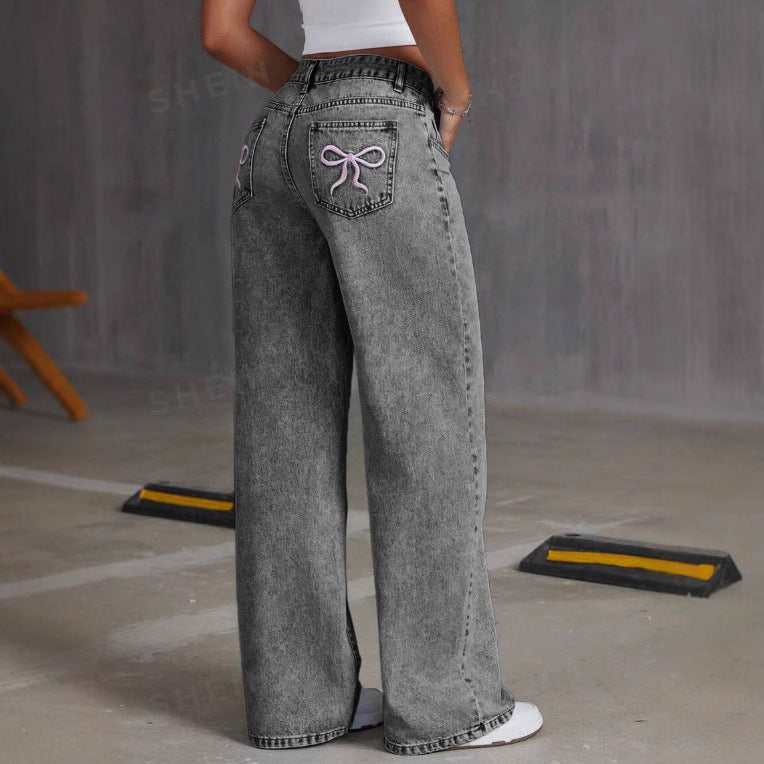 Cute and Sexy Bow Embroidery Denim Pants Women High Waist Straight Leg Loose Long Pants