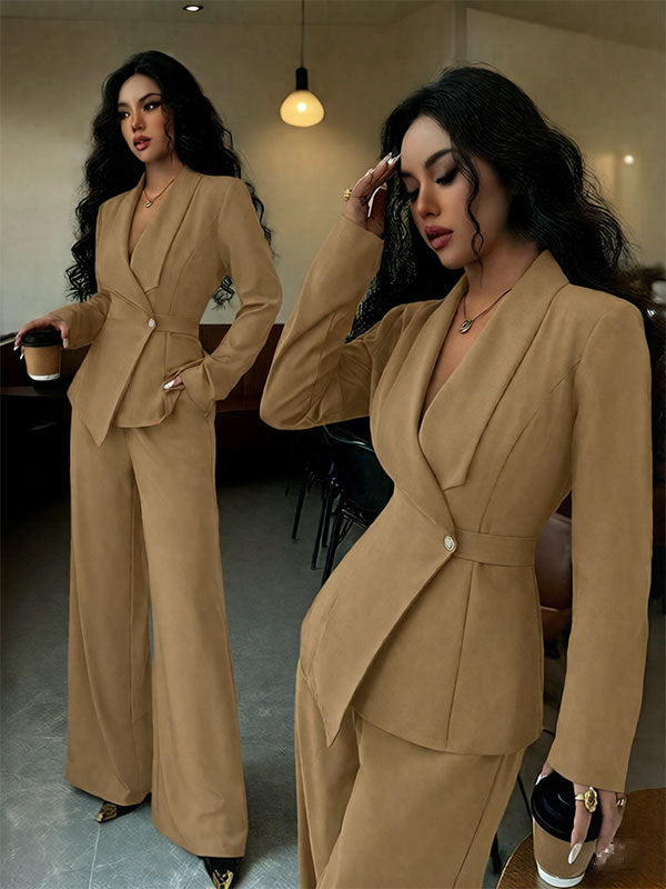 Chic Fashion Long Sleeve Suit Jacket and Straight Pants Two-Piece Set for Women