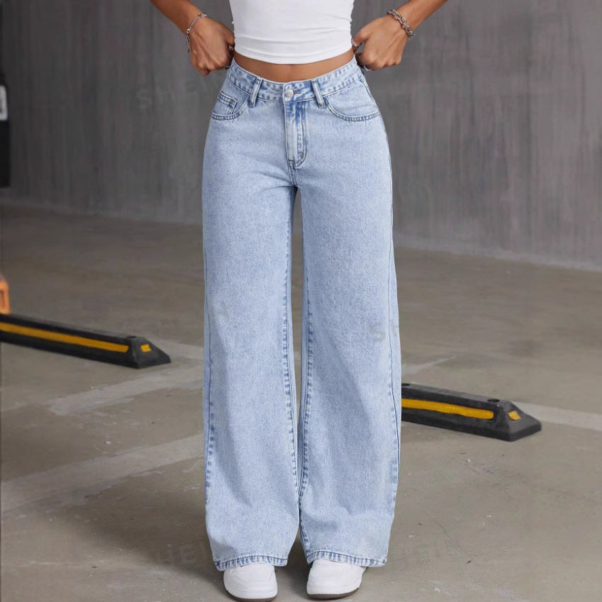 Cute and Sexy Bow Embroidery Denim Pants Women High Waist Straight Leg Loose Long Pants