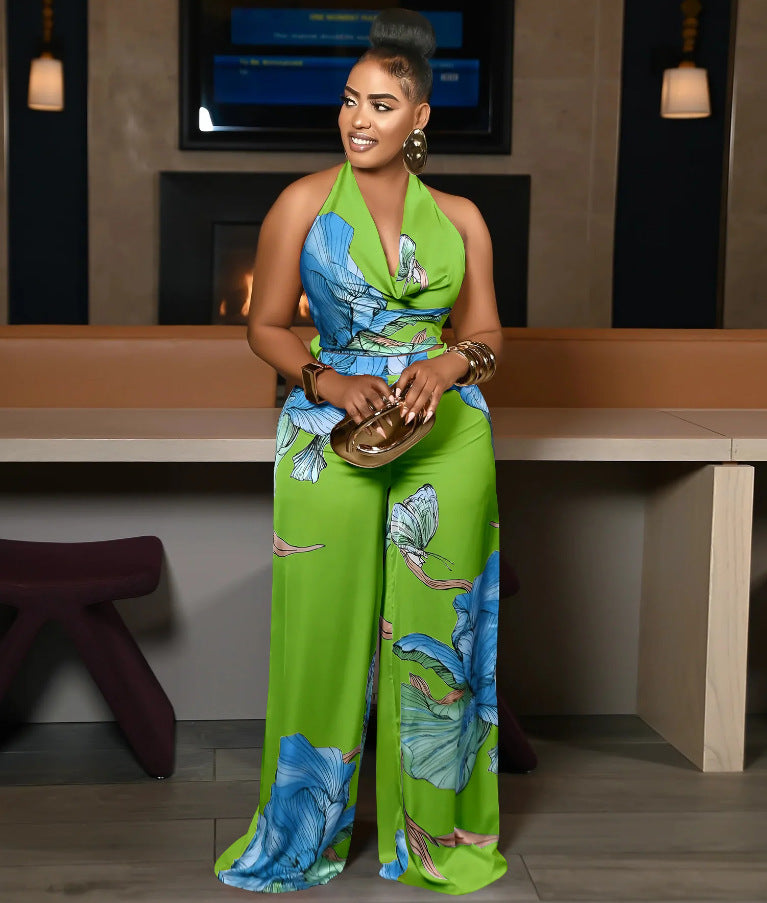 Style Commuter Strapless Backless Printed Sleeveless White Top and Wide-Leg Pants 2-Piece Set